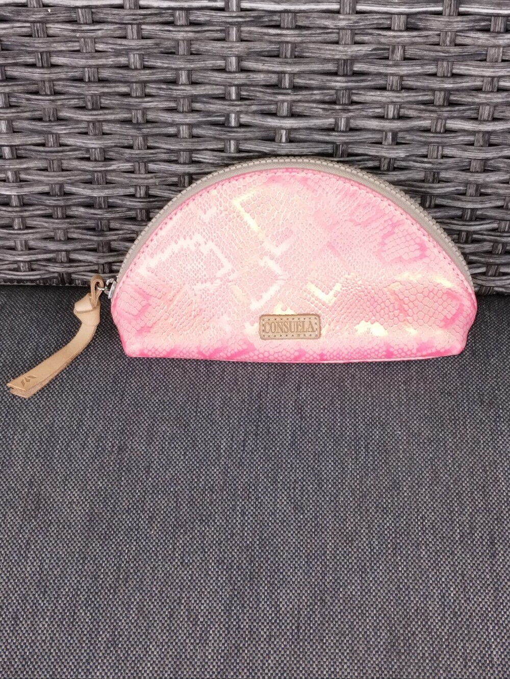 Consuela Pink Metallic Snakeskin Half Moon Cosmetic Bag Travel Pouch